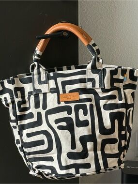 Ubuntu Life Black & Cream Canvas Tote with Tan Handles